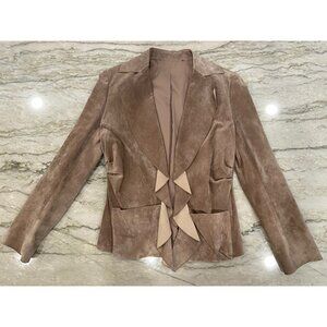Light brown, suede jacket with zipped front with ruffle, pockets. Size 8